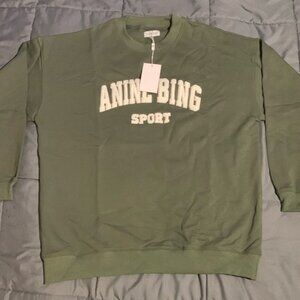 Anine Bing Sport Thyme Green Sweater White Distressed Letter Embroidery